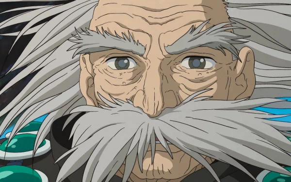 HD Studio Ghibli The Boy and the Heron themed desktop wallpaper featuring a close-up of an elderly animated character with a prominent white beard.