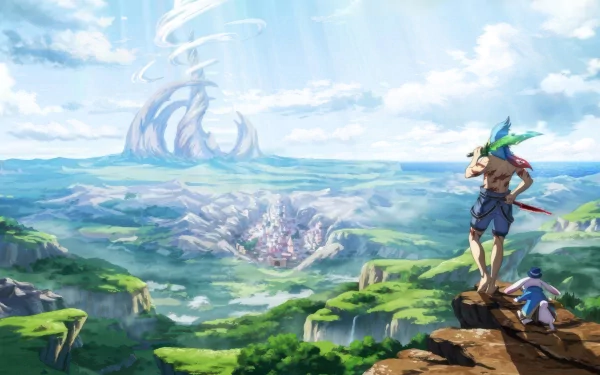 HD desktop wallpaper featuring Shangri-la Frontier with characters overlooking a fantastical landscape.
