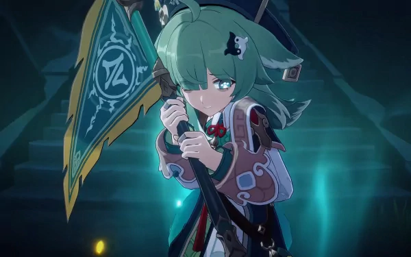 HD Desktop wallpaper featuring Huohuo from Honkai: Star Rail, poised for battle with a large flag weapon in a mystical setting.