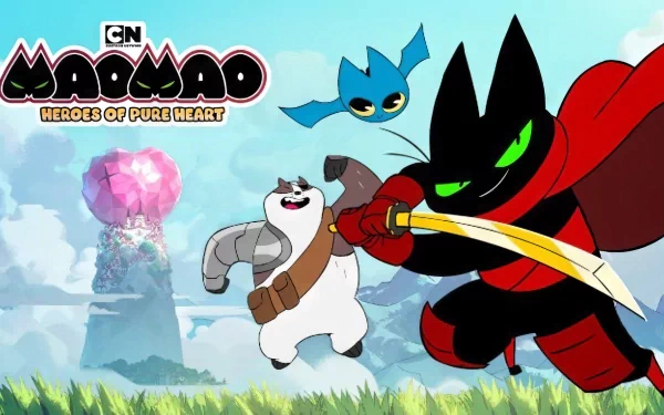 Mao Mao: Heroes of Pure Heart HD wallpaper featuring the animated characters Mao Mao, Badgerclops, and Adorabat ready for adventure.