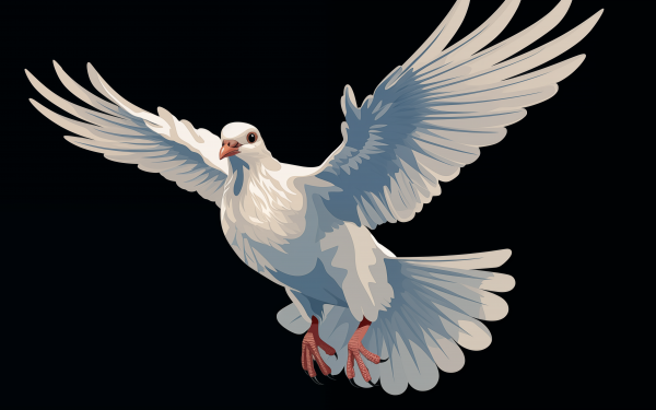 HD wallpaper of an illustrated dove in flight with expanded wings on a black background, ideal for a serene desktop background.