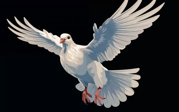 HD wallpaper of a beautifully illustrated dove in mid-flight against a dark background.