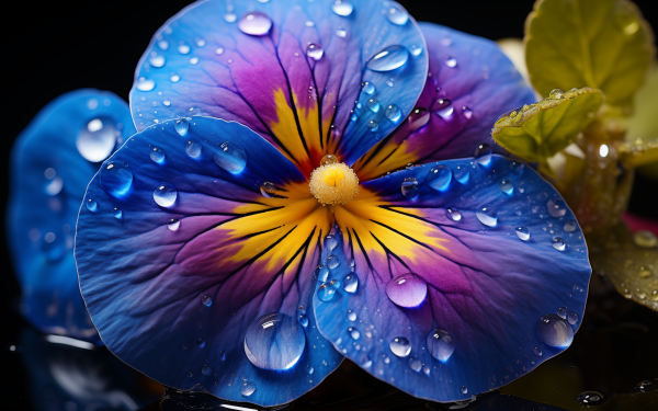 HD Wallpaper of a vibrant blue and purple pansy flower with water droplets, perfect for a desktop background.
