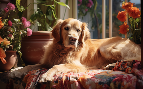 HD Wallpaper of a serene Golden Retriever dog lounging in the sunlight amidst colorful flowers, perfect for a calming desktop background.