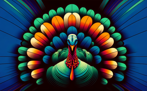 HD wallpaper of a colorful artistic illustration of a turkey with a vibrant tail display, ideal for a desktop background.