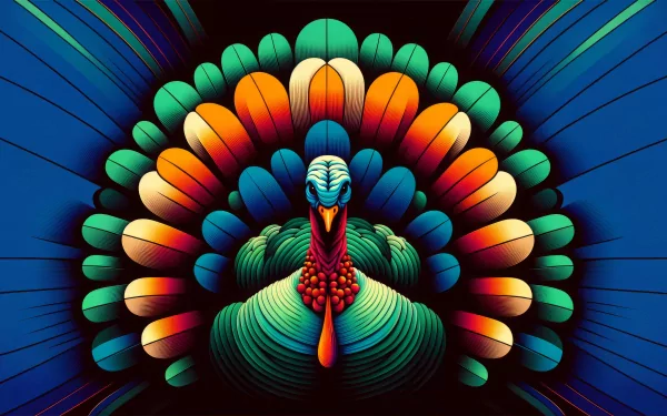 Colorful stylized turkey with vibrant plumage against a dark background, designed as an HD desktop wallpaper.