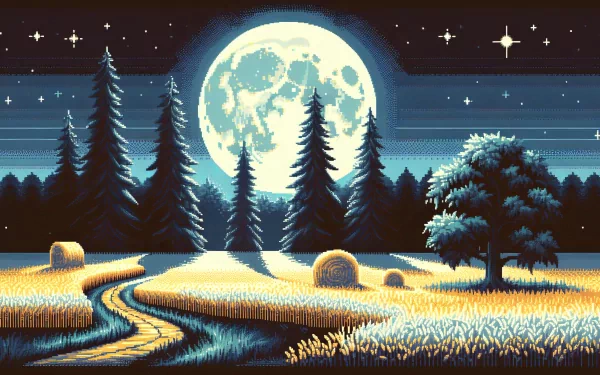 HD wallpaper featuring a vibrant harvest moon over a scenic farmland with haystacks and pine trees.