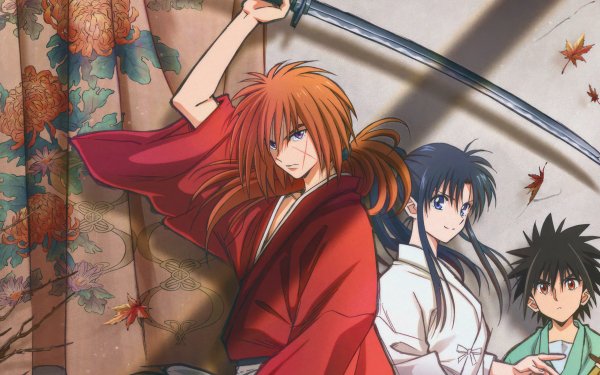 HD desktop wallpaper featuring characters Kenshin Himura and Kaoru Kamiya from Rurouni Kenshin anime, with a traditional Japanese backdrop and falling autumn leaves.
