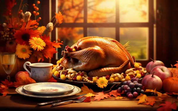 HD Thanksgiving desktop wallpaper featuring a roasted turkey centerpiece surrounded by autumn flowers, fruits, and a warm fall setting with a window view.