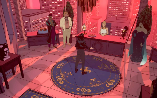 Stray Gods: The Roleplaying Musical HD wallpaper featuring illustrated characters in a mystical room setting with red ambient lighting.