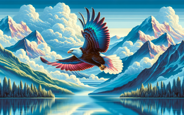 HD desktop wallpaper featuring a majestic bald eagle in flight over a serene mountain lake landscape.