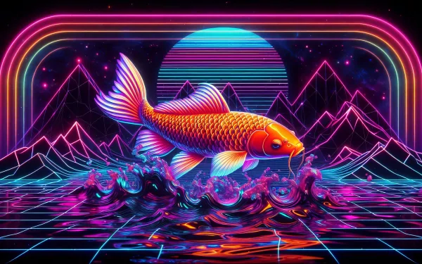 Vibrant HD wallpaper of a koi fish in a neon-lit retro wave style with mountains and a digital grid background.
