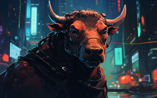 Cyberpunk-inspired bull standing in a neon-lit cityscape, HD desktop wallpaper and background.