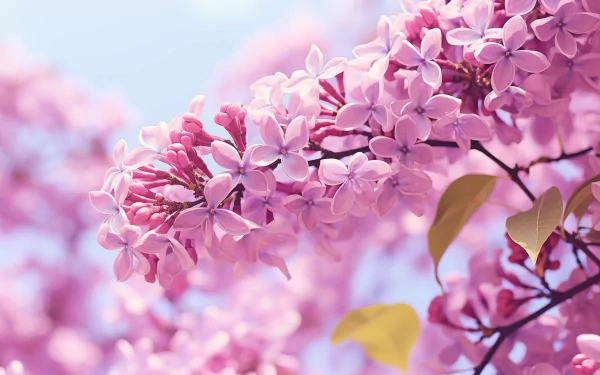 A vibrant display of lilac pink flowers against a soft blue sky, capturing the beauty of nature, suitable as a high-definition desktop wallpaper.