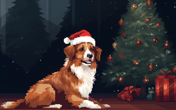 Adorable dog wearing a Santa hat sitting beside a decorated Christmas tree with presents, perfect for festive HD desktop wallpaper.
