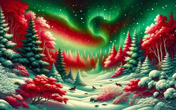 HD winter scene desktop wallpaper featuring a serene snowy landscape with aurora borealis and red foliage.