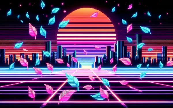 Synthwave-inspired HD desktop wallpaper with a vibrant retro sunset and falling leaves motif.