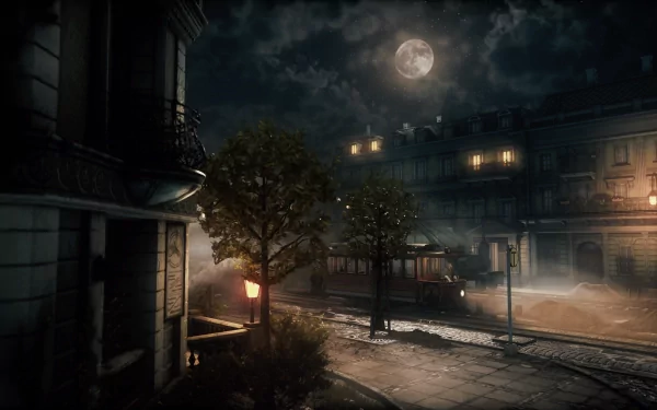 A captivating HD desktop wallpaper from the video game The Thaumaturge, showcasing a mysterious nighttime cityscape illuminated by a full moon and soft streetlights.