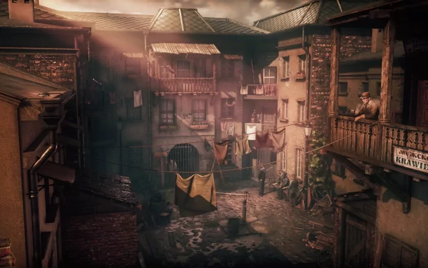 HD desktop wallpaper featuring 'The Thaumaturge' theme with a vintage sunlit alleyway and hanging laundry.