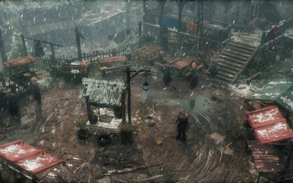 An atmospheric HD desktop wallpaper from the video game The Thaumaturge, featuring a snow-covered marketplace with scattered figures and rustic stalls.