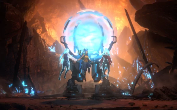 HD desktop wallpaper featuring a futuristic portal and armored figure from Trinity Fusion, set in a cavernous environment with glowing elements.