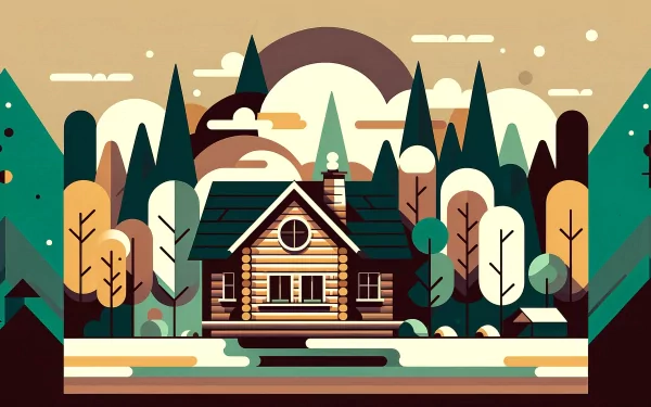 HD desktop wallpaper featuring a cozy cabin surrounded by trees with a mountain backdrop.