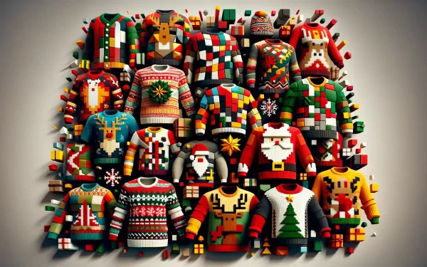 Assorted colorful ugly Christmas sweaters HD desktop wallpaper and background.