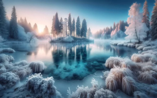 Frosty winter landscape with snow-covered trees reflected in a serene lake at sunrise - HD desktop wallpaper and background