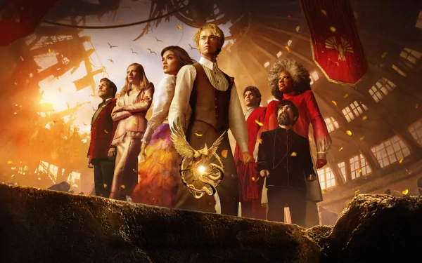 HD wallpaper of The Hunger Games: The Ballad of Songbirds and Snakes featuring characters striking a pose against a dynamic backdrop symbolizing the movie's theme.