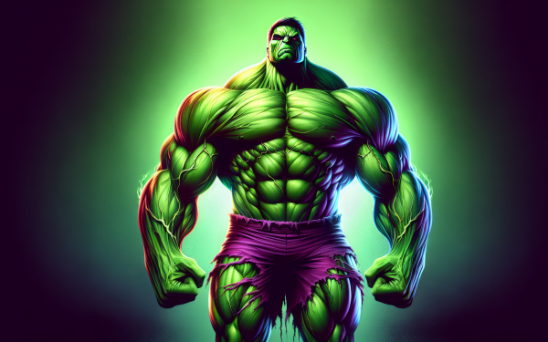 HD Wallpaper of the Hulk standing with muscular pose, ideal for desktop background with vibrant green and purple lighting.