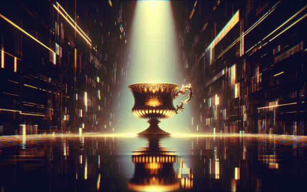 Stylized ornate cup with a glowing aura set against a futuristic digital backdrop, perfect for an HD desktop wallpaper and background.