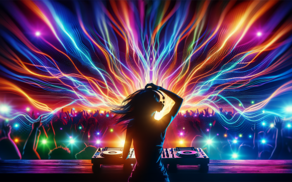 Silhouette of a DJ with headphones at a vibrant music event, with colorful light effects in the background creating an energetic atmosphere, perfect for a HD DJ-themed desktop wallpaper.