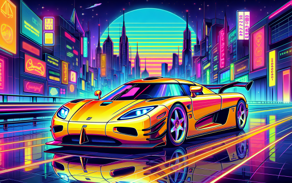 HD wallpaper of a yellow Koenigsegg sports car in a vibrant neon-lit cityscape background, perfect for desktop and background use.