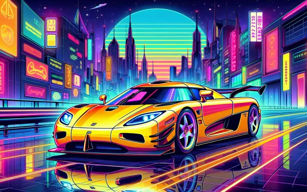 A vibrant HD wallpaper featuring a yellow Koenigsegg sports car against a neon cityscape, reflecting colorful lights and a futuristic skyline.