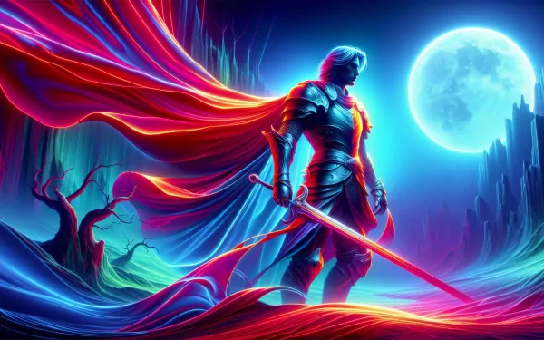 HD wallpaper of a knight with a sword against a neon-lit backdrop with a full moon and mysterious landscape.