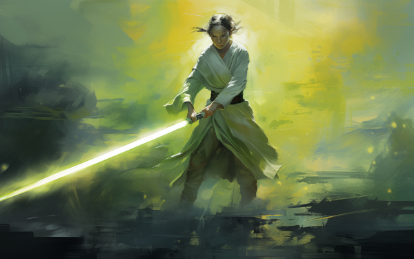 HD desktop wallpaper featuring an artistic rendering of a Jedi from Star Wars wielding a green lightsaber, with a vibrant yellow and green abstract background.
