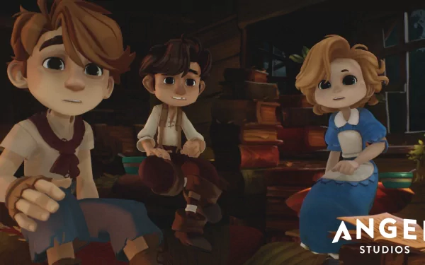 HD wallpaper featuring animated characters from The Wingfeather Saga sitting in a cozy library, provided by Angel Studios.