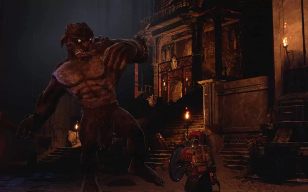 HD desktop wallpaper from 'The Lord of the Rings: Return to Moria' featuring a menacing troll in a dimly lit, ancient hall.