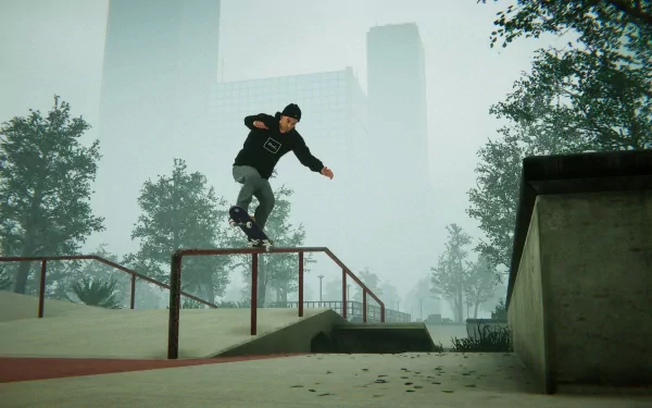 HD desktop wallpaper featuring a Skater XL character performing a trick on a rail with a foggy cityscape in the background.