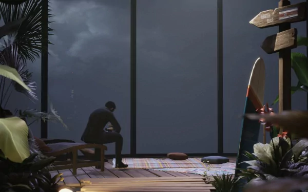 A serene HD wallpaper from *Vampire: The Masquerade - Swansong*, featuring a solitary figure seated in a lush, plant-filled environment, gazing out toward a moody sky.