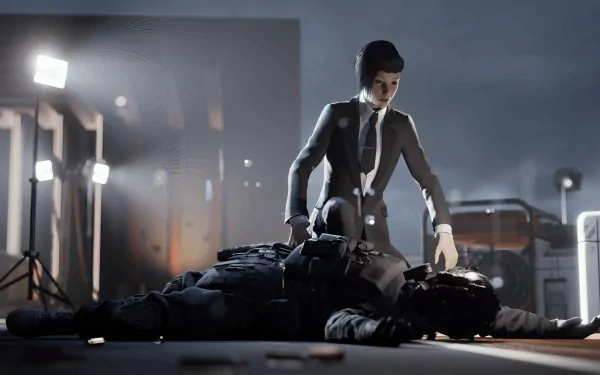 HD desktop wallpaper from Vampire: The Masquerade - Swansong featuring a dramatic scene with a character standing over another in an urban night setting.