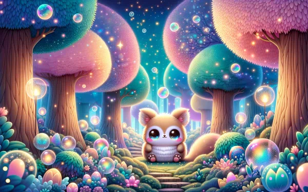 HD desktop wallpaper featuring a cute aesthetic with an adorable creature surrounded by sparkling enchanted forest and shimmering bubbles.