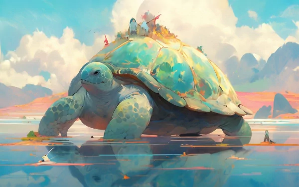 A mesmerizing AI art design: a turtle shape formed by cloud patterns in the blue sky, perfect HD desktop wallpaper.