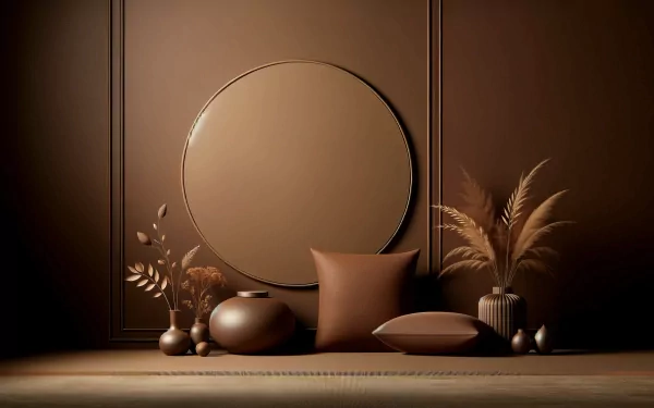 High-definition desktop wallpaper featuring a brown aesthetic with circular mirror, decorative vases, and botanical elements creating a serene and stylish background.