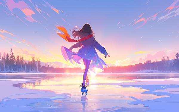 Ice skater performing on a frozen lake at sunset, HD desktop wallpaper and background.