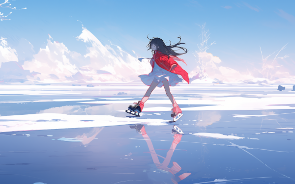 Animated ice skater gliding gracefully on a serene, icy landscape as an HD desktop wallpaper.