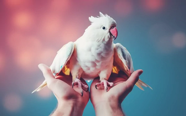 HD wallpaper featuring a white cockatoo perched on human hands with a soft-focus, colorful background.