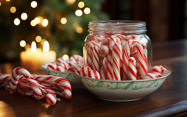 HD desktop wallpaper featuring a festive Christmas setting with a jar full of candy canes and twinkling tree lights in the background.