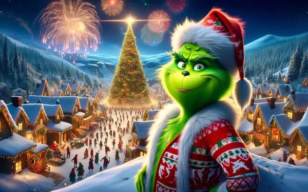 HD desktop wallpaper of The Grinch in a festive Christmas village with fireworks and holiday decorations.