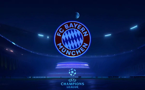 4K Ultra HD wallpaper featuring the FC Bayern Munich emblem illuminated in a UEFA Champions League stadium with vibrant blue lighting and a night sky backdrop.